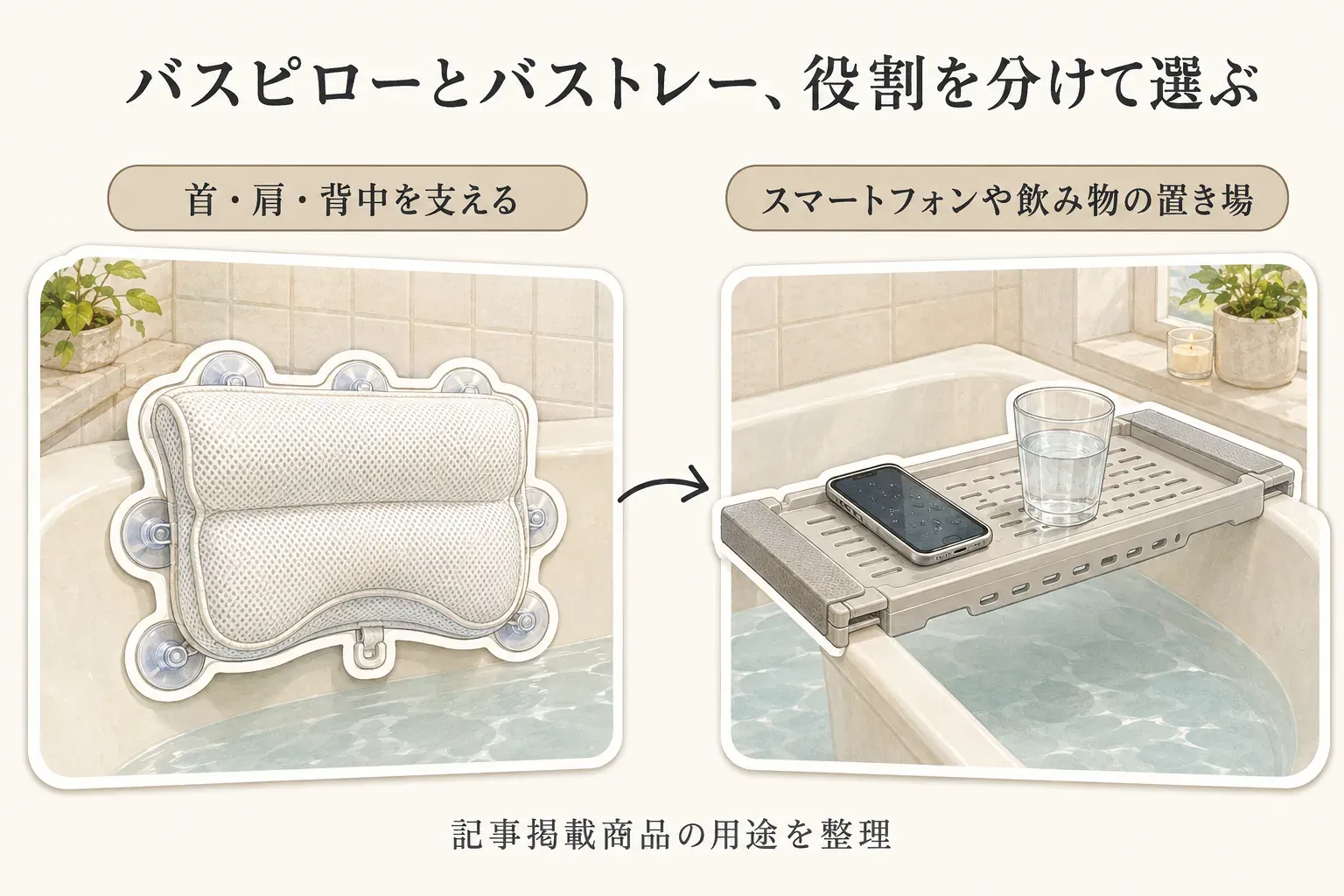 バスピローは首・肩・背中を支え、防水バストレーは浴槽に渡してスマートフォンや飲み物の置き場を作る、2つの用品の役割を示す図。出典：記事掲載の商品説明値