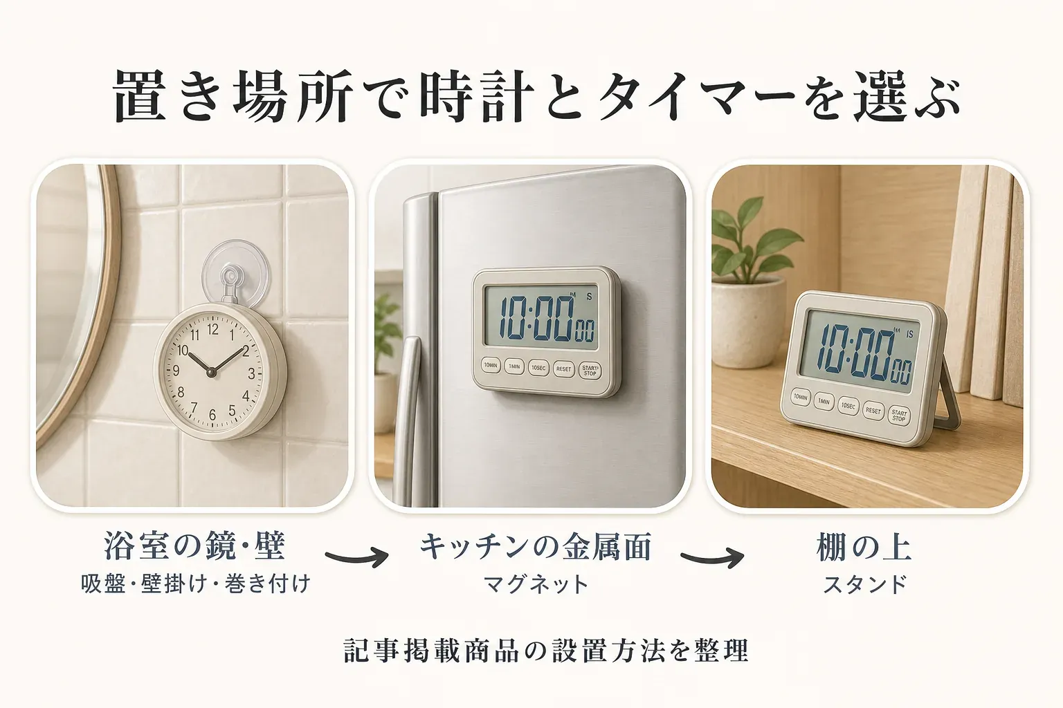 防水バスルーム時計は浴室の鏡や壁に吸盤・壁掛け・巻き付けで設置し、キッチンタイマーは冷蔵庫などの金属面にマグネット、棚にはスタンドで置く方法を示す図。出典：記事掲載の商品説明値