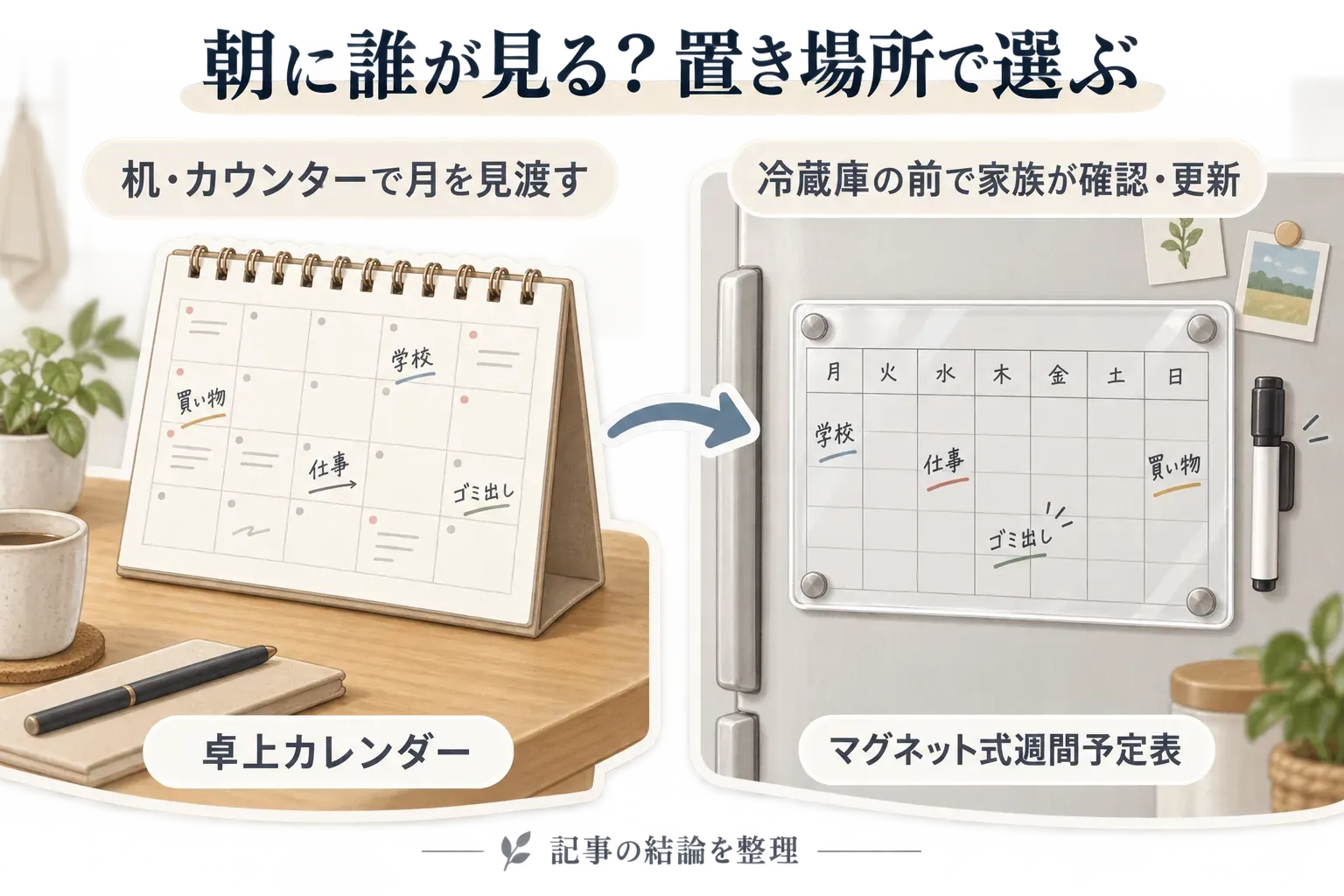 卓上カレンダーを机・カウンターで月単位の予定確認に使う場面と、冷蔵庫に貼ったマグネット式週間予定表を家族で確認・更新する場面を並べ、朝に誰が見るかで置き場所を選ぶ図