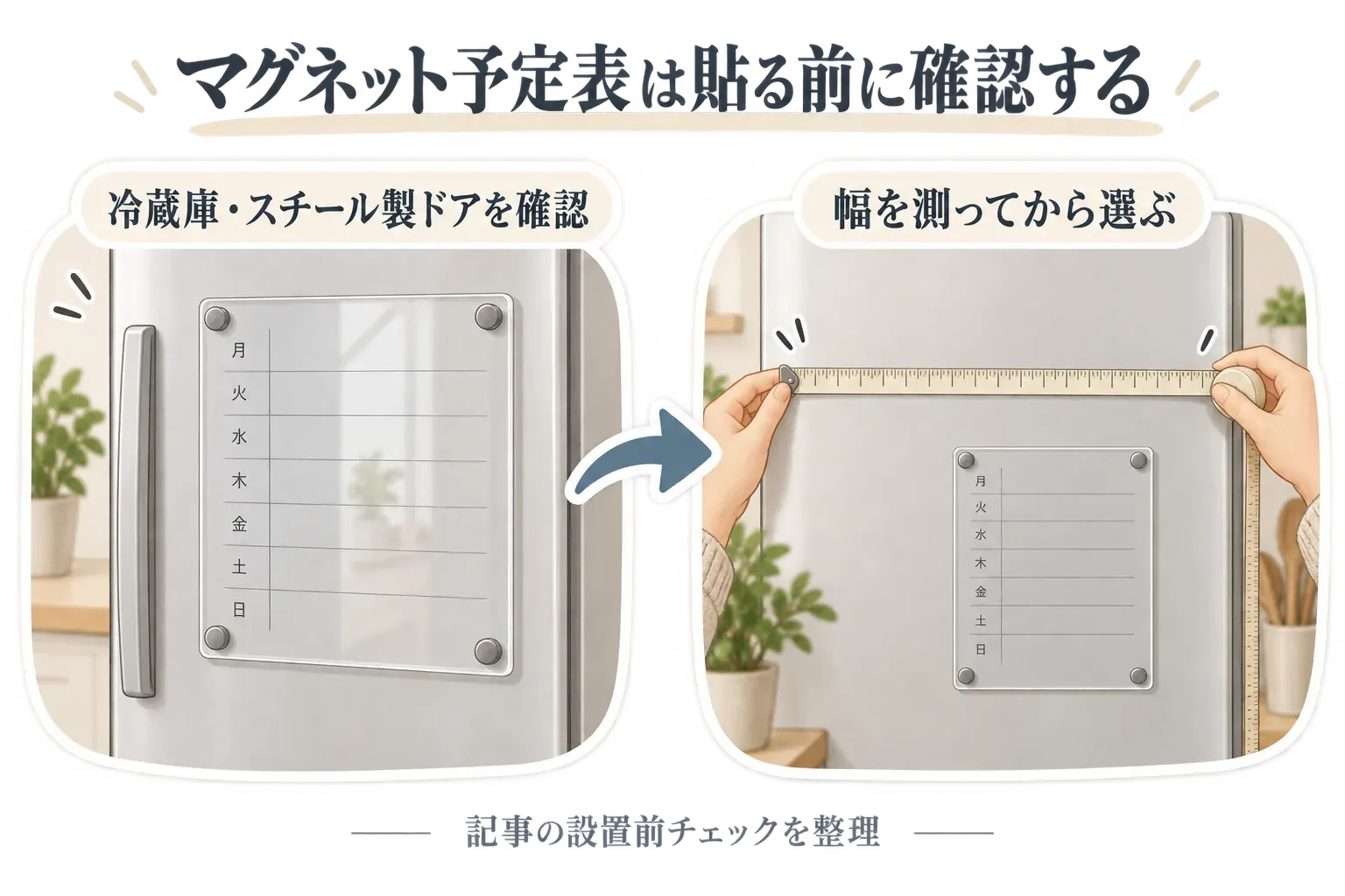 マグネット予定表を貼る前に、冷蔵庫・スチール製ドアかを確認し、設置面の幅を測ってからサイズを選ぶ手順を示した図