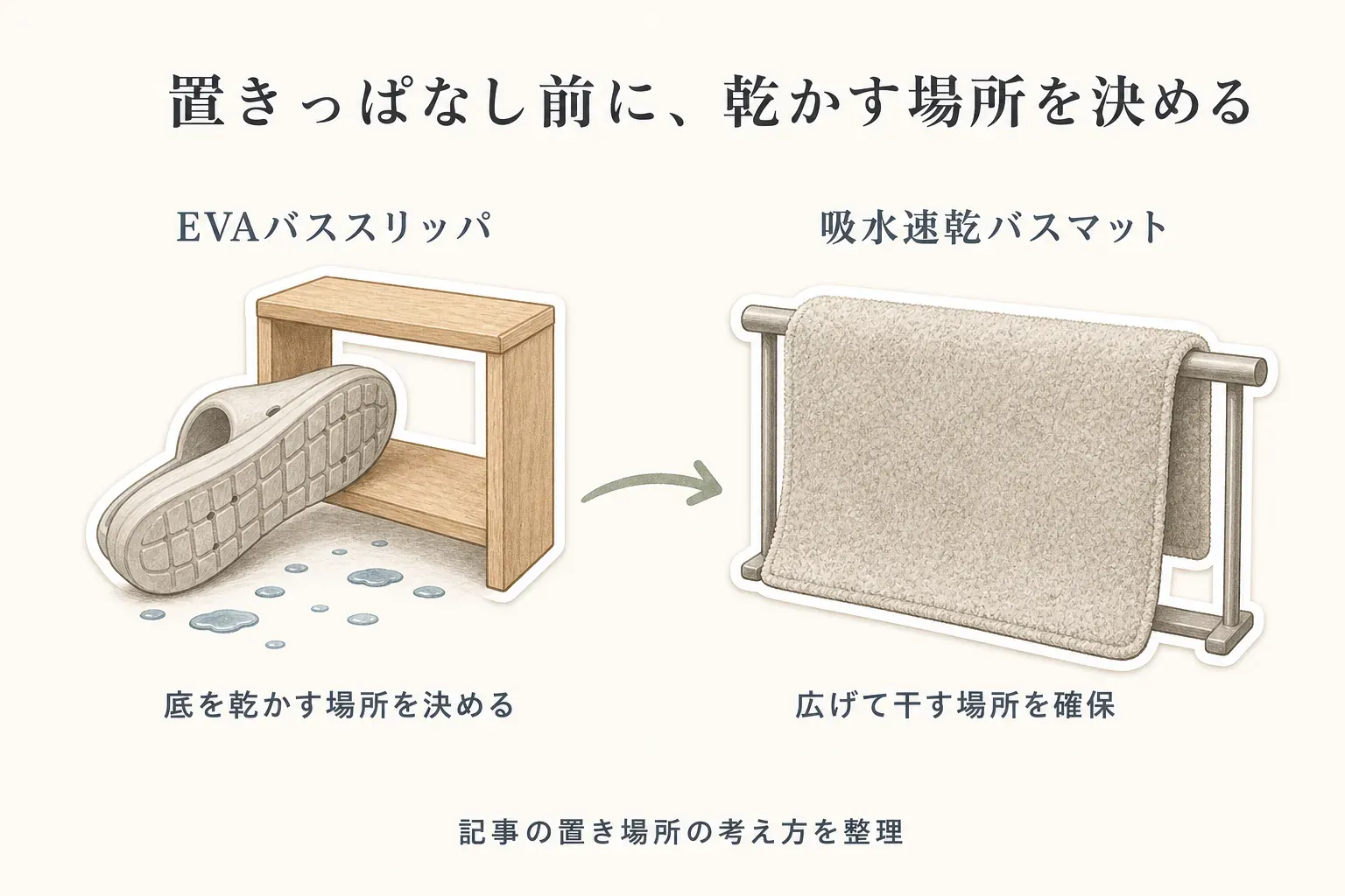 EVAバススリッパは濡れた底を乾かせる棚へ置き、吸水速乾バスマットは広げてタオルバーに干す、置きっぱなし前に乾かす場所を決める方法を示す図。出典：記事本文の置き場所・乾燥に関する案内