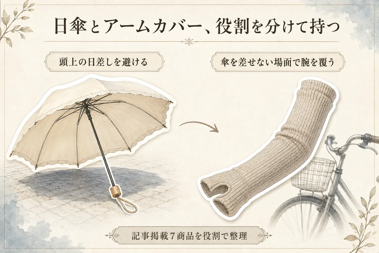 日傘は頭上の日差しを避けるために使い、UVアームカバーは傘を差せない場面で腕を覆うために使う、記事掲載7商品の役割分担を示す図。