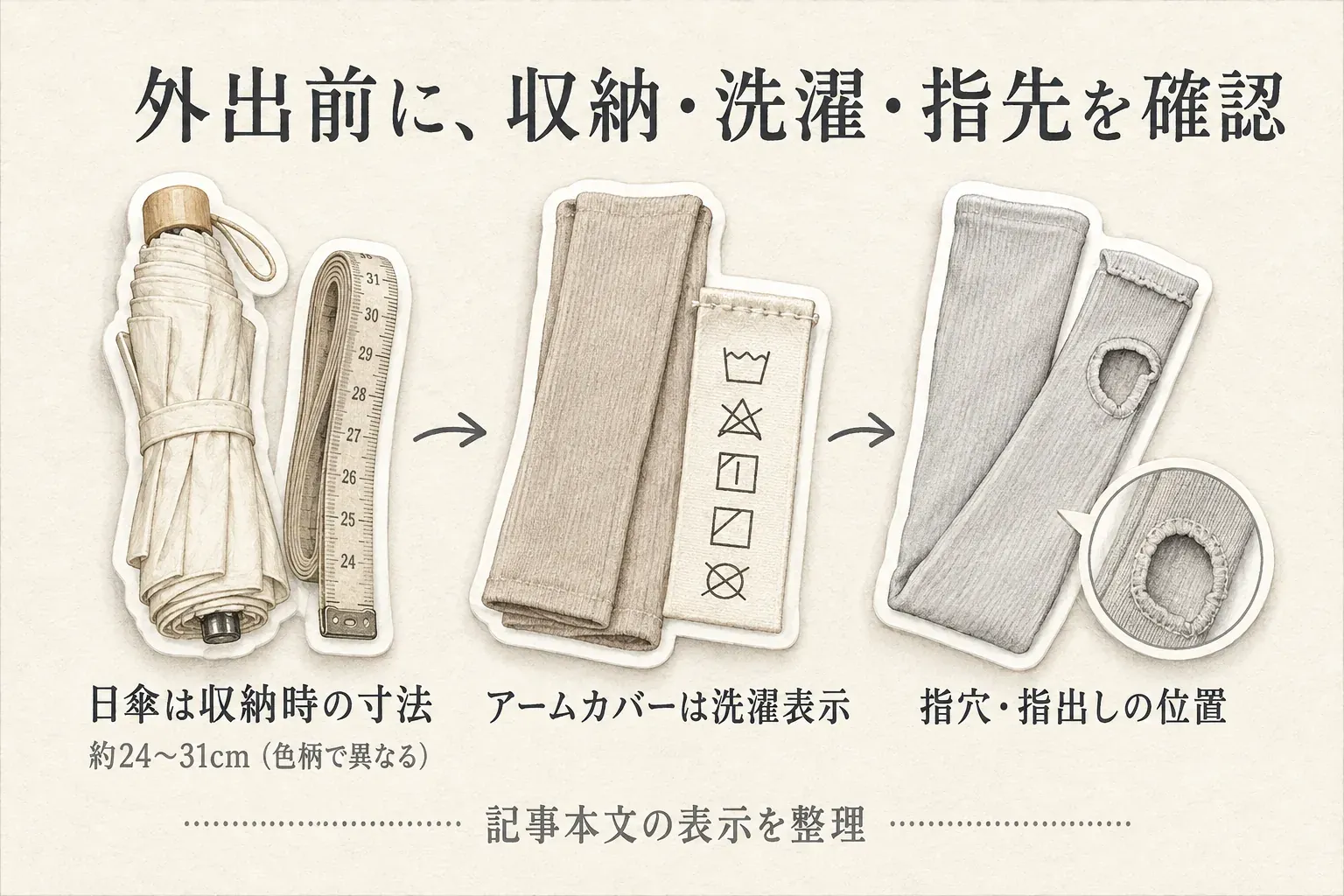 外出前に確認する表示を、日傘の収納時寸法（Solshadeは色柄により約24〜31cm）、UVアームカバーの洗濯表示、指穴・指出しの位置として示す図。出典：記事掲載の商品説明値。