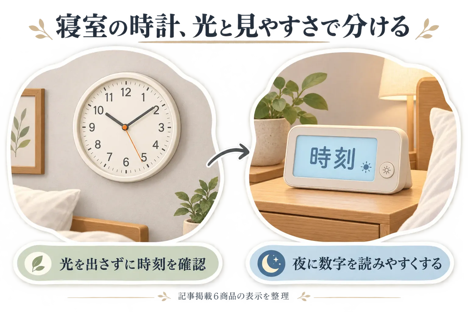 寝室の壁に掛けたアナログ時計で光を出さずに時刻を確認する場面と、ベッドサイドのLEDデジタル時計で夜に数字を読みやすくする場面を並べ、時計の役割の違いを示す図。出典：記事掲載6商品の表示を整理