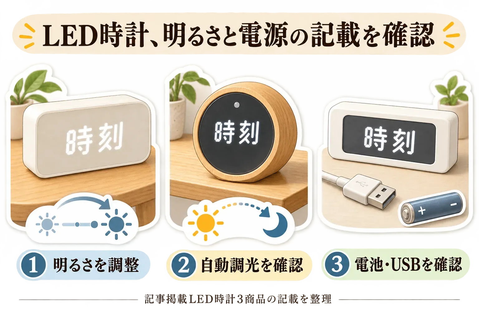 LEDデジタル時計について、明るさを調整する、自動調光を確認する、電池とUSB給電を確認するという3つのチェック項目を、時計のイラストとともに示す図。出典：記事掲載LED時計3商品の商品説明値