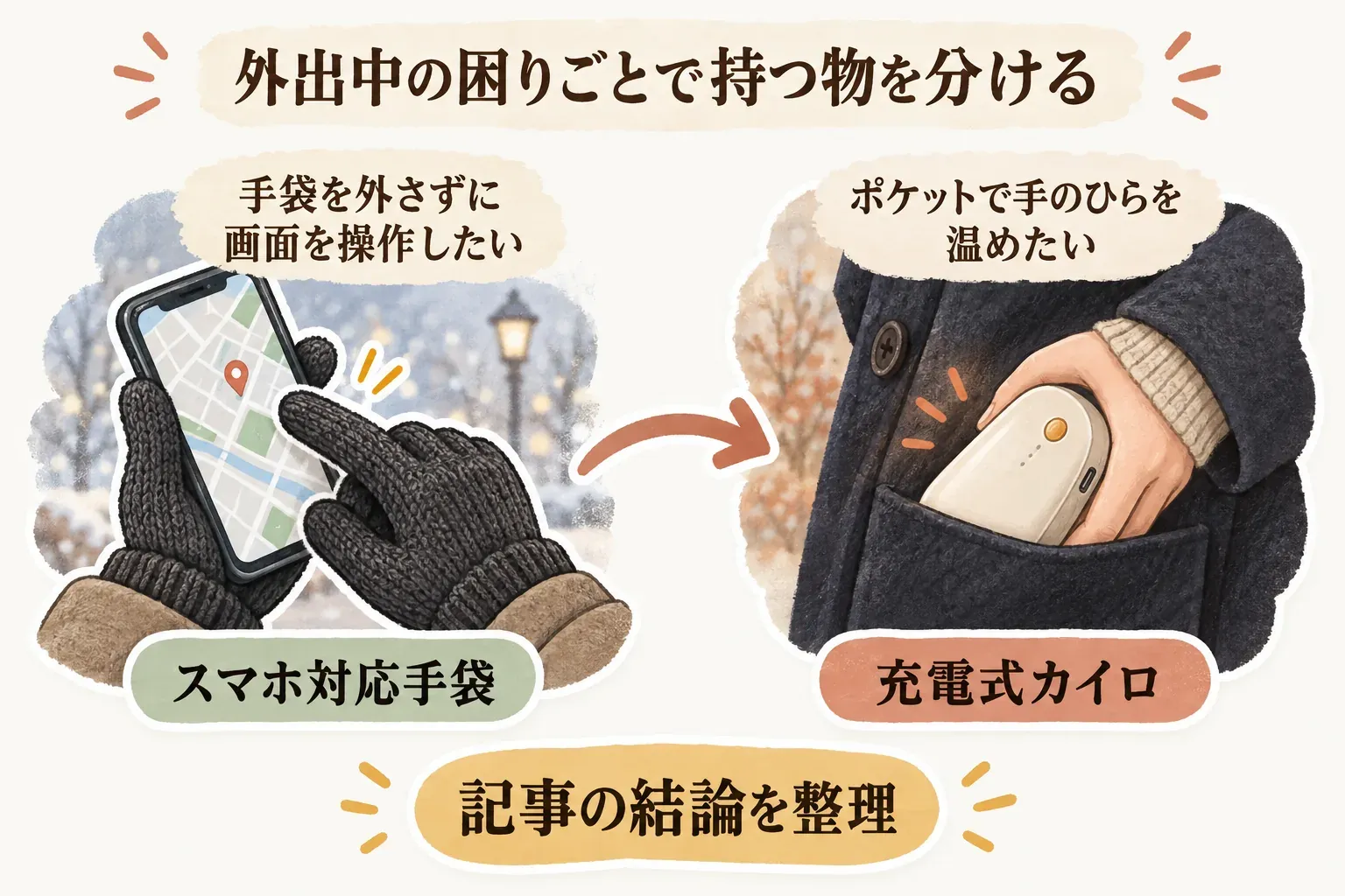 スマホ対応手袋は着けたまま画面を操作する道具、充電式カイロはポケットの中で電源を入れて手のひらを温める道具として、操作・充電・収納の違いを示す図。出典：記事掲載の商品説明値