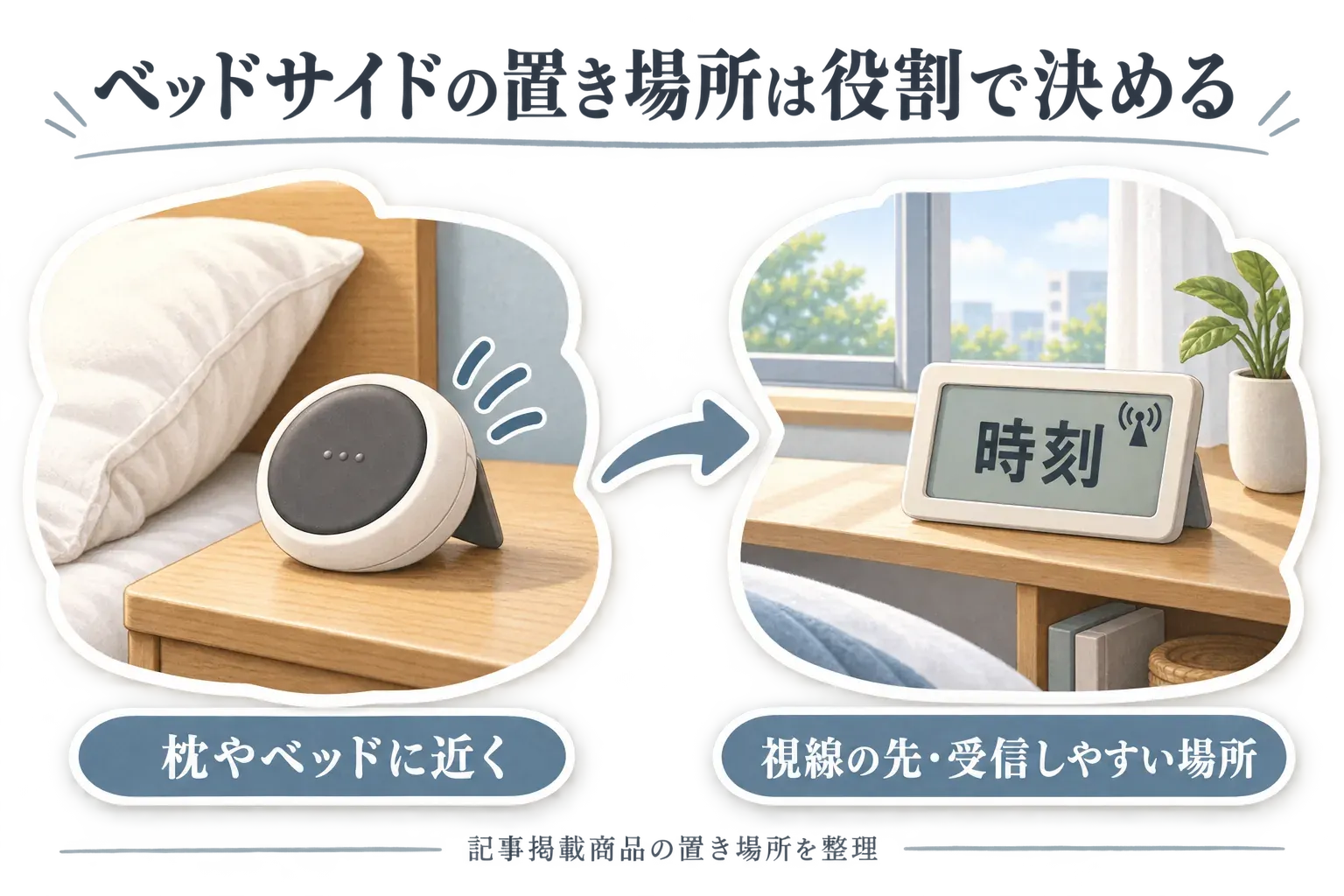 振動式目覚まし時計は枕やベッドの近くに置いて振動を伝え、大画面電波時計はベッドから見える位置に置いて時刻を確認する、共有寝室での置き場所の違いを示す図。出典：記事掲載の商品説明値