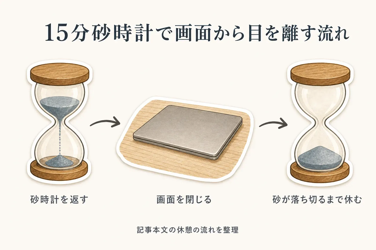15分砂時計を返す、ノートパソコンの画面を閉じる、砂が落ち切るまで休むという、画面を見ない休憩の流れを示す図。