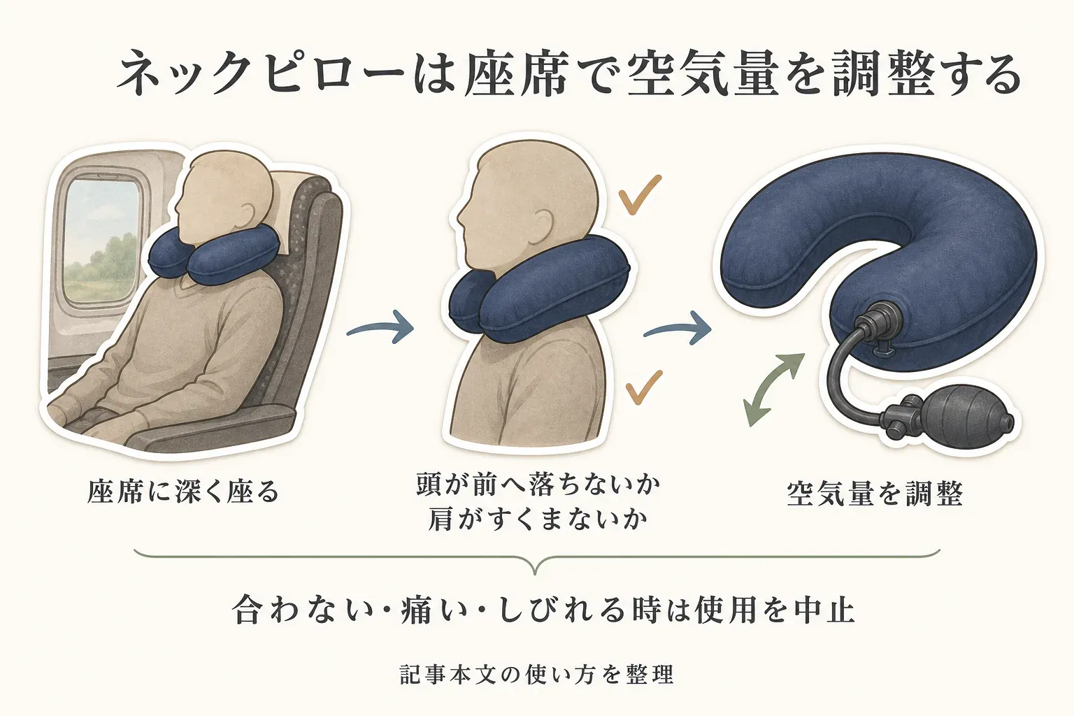 ネックピロー使用時は座席に深く座り、頭が前へ落ちないか、肩がすくまないかを確認して空気量を調整し、合わない・痛い・しびれるときは使用を中止する流れを示す図。出典：記事本文の使い方