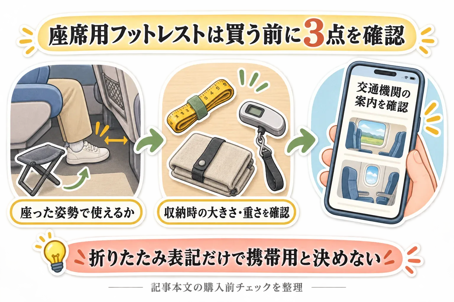 座席用フットレストを買う前に、座った姿勢で使えるか、収納時の大きさと重さ、交通機関の案内を確認する3点と、折りたたみ表記だけで携帯用と決めないことを示す図。出典：記事本文の購入前チェック